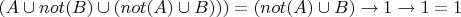 $(A\cup not(B)\cup(not(A)\cup B)))=(not(A)\cup B)\to1\to1=1$