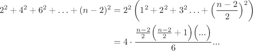 $$\begin{align}
2^2+4^2+6^2 + \ldots + (n-2)^2 & = 2^2\left(1^2+2^2+3^2 \ldots + \Big(\dfrac{n-2}{2}\Big)^2\right)\\
&=4\cdot \dfrac{\frac{n-2}{2}\Big(\frac{n-2}{2}+1\Big)\Big(... \Big) }{6} ...
\end{align}$$