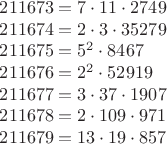 $$\begin{array}{lllllll}
211673 = 7 \cdot 11 \cdot 2749 \\
211674 = 2 \cdot 3 \cdot 35279 \\
211675 = 5^2 \cdot 8467 \\
211676 = 2^2 \cdot 52919 \\
211677 = 3 \cdot 37 \cdot 1907 \\
211678 = 2 \cdot 109 \cdot 971 \\
211679 = 13 \cdot 19 \cdot 857
\end{array}
$$