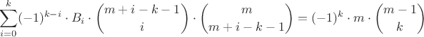 $$\sum_{i=0}^k (-1)^{k-i}\cdot B_i\cdot\binom{m+i-k-1}{i}\cdot\binom{m}{m+i-k-1}=(-1)^{k}\cdot m\cdot\binom{m-1}{k}$$