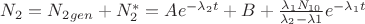 $N_{2}=N_{2}_{gen}+N_{2}^{*}=Ae^{-\lambda_{2}t}+B+\frac{\lambda_{1}N_{10}}{\lambda_{2}-\lambda{1}}e^{-\lambda_{1}t}$