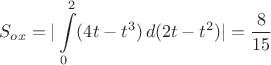 $$S_{ox} = |\int\limits_{0}^2 (4t-t^3) \,d(2t-t^2)|=\dfrac{8}{15}$$