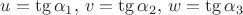 $u=\tg\alpha_1,\,v=\tg\alpha_2,\,w=\tg\alpha_3$
