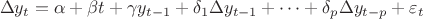 $$\Delta y_t = \alpha + \beta t + \gamma y_{t-1} + \delta_1 \Delta y_{t-1} + \cdots + \delta_p \Delta y_{t-p} + \varepsilon_t$$