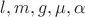 $l, m, g, \mu, \alpha$