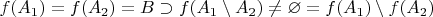 $f(A_1) = f(A_2) = B \supset f(A_1 \setminus A_2) \neq \varnothing = f(A_1) \setminus f(A_2)$