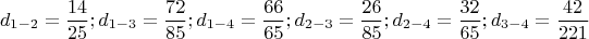$$\[
d_{1 - 2}  = \frac{{14}}{{25}};d_{1 - 3}  = \frac{{72}}{{85}};d_{1 - 4}  = \frac{{66}}{{65}};d_{2 - 3}  = \frac{{26}}{{85}};d_{2 - 4}  = \frac{{32}}{{65}};d_{3 - 4}  = \frac{{42}}{{221}}
\]$