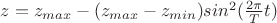 $z=z_{max}-(z_{max}-z_{min})sin^2(\frac{2\pi}{T}t)$