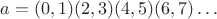 $a = (0,1)(2,3)(4,5)(6,7)\ldots$