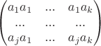 $$\begin{pmatrix}
 a_1a_1& ... & a_1a_k\\ 
 ...&  ...&... \\
 a_ja_1& ... & a_ja_k
\end{pmatrix}$$