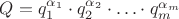 $Q=q_1^{\alpha_1}\cdot q_2^{\alpha_2}\cdot\ldots\cdot q_m^{\alpha_m}$
