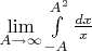 $\lim \limits_{A\to \infty}\int \limits_{-A}^{A^2}\frac{dx}{x}$
