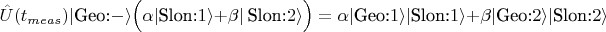$\hat{U}(t_{meas})\vert \text{Geo:}-\rangle\Big(\alpha\vert \text{Slon:}1\rangle+\beta\vert\ \text{Slon:}2 \rangle\Big)=\alpha\vert \text{Geo:}1\rangle\vert \text{Slon:}1\rangle+\beta\vert \text{Geo:}2\rangle\vert \text{Slon:}2\rangle$