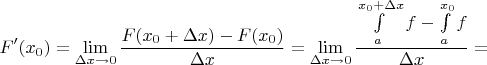 $$F'(x_0) = \lim\limits_{\Delta x \to 0}^{} \frac{F(x_0 + \Delta x) - F(x_0)}{\Delta x} =  \lim\limits_{\Delta x \to 0}^{} \frac{\int\limits_{a}^{x_0 + \Delta x}f - \int\limits_{a}^{x_0}f}{\Delta x} = $$