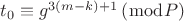$\[
t_0  \equiv g^{3\left( {m - k} \right) + 1} \left( {\bmod P} \right)
\]$