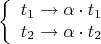 $$
\left\{ \begin{array}{l} 
t_{1}\to \alpha\cdot t_{1} \\ 
t_{2}\to \alpha\cdot t_{2}
\end{array} \right.
$$