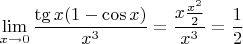 $$\lim\limits_{x \to 0} \frac {\tg x(1 - \cos x)} {x^3} = \frac {x \frac {x^2} {2}} {x^3} = \frac {1} {2}$$