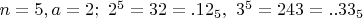 $n=5, a=2;   \ 2^5=32=.12_5, \   3^5=243=..33_5$