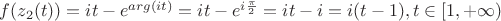 $f(z_2(t))=it-e^{arg(it)}=it-e^{i\frac{\pi}{2}}=it-i=i(t-1), t\in[1,+\infty)$