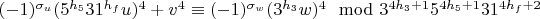 $(-1)^{\sigma_u}(5^{h_5}31^{h_f}u)^4+v^4\equiv(-1)^{\sigma_w}(3^{h_3}w)^4\mod 3^{4h_3+1}5^{4h_5+1}31^{4h_f+2}$