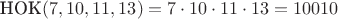 $$ \text{НОК}(7, 10, 11, 13) = 7 \cdot 10 \cdot 11 \cdot 13 = 10010 $$