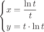 $$\left\{\!\begin{aligned}
&  x= \frac{ \ln{t}  }{ t }   \\
&  y= t \cdot \ln{t}   
\end{aligned}\right. $$