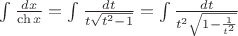 $\int \frac{dx}{\ch x}=\int\frac{dt}{t\sqrt{t^2-1}}=\int\frac{dt}{t^2\sqrt{1-\frac{1}{t^2}}}$