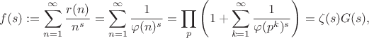 $$f(s):=\sum_{n=1}^\infty\frac{r(n)}{n^s}=\sum_{n=1}^\infty\frac1{\varphi(n)^s}=\prod_p\left(1+\sum_{k=1}^{\infty}\frac1{\varphi(p^k)^s}\right)=\zeta(s)G(s),$$