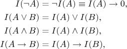 $$\begin{align*} 
I(\neg A) &= \neg I(A) \equiv I(A)\to0, \\ 
I(A\vee B) &= I(A)\vee I(B), \\ 
I(A\wedge B) &= I(A)\wedge I(B), \\ 
I(A\to B) &= I(A)\to I(B), \\ 
\end{align*}$$
