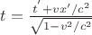 $t=\frac{t^{'}+vx{'}/c^2}{\sqrt{1-v^2/c^2}}$