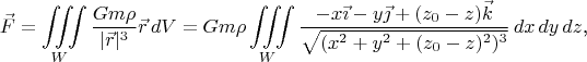 $$\vec F=\iiint\limits_W\frac{Gm\rho}{|\vec r|^3}\vec r\,dV=Gm\rho\iiint\limits_W\frac{-x\vec\imath-y\vec\jmath+(z_0-z)\vec k}{\sqrt{(x^2+y^2+(z_0-z)^2)^3}}\,dx\,dy\,dz\text{,}$$