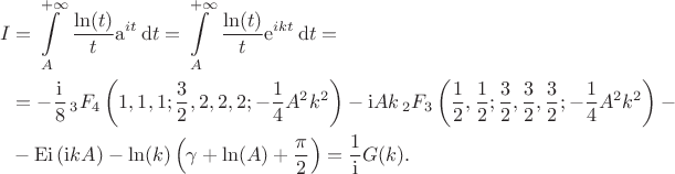 $$
 \begin{align*}
 I &=\int\limits_A^{+\infty}\,\frac{\ln(t)}{t}\mathrm{a}^{\mathr{i}t}\,\mathrm{d}t=\int\limits_A^{+\infty}\,\frac{\ln(t)}{t}\mathrm{e}^{\mathr{i}k t}\,\mathrm{d}t =\\
&= -\frac{\mathrm{i}}{8}\, _3F_4\left(1,1,1;\frac{3}{2},2,2,2; -\frac{1}{4}A^2k^2\right)-\mathrm{i} A k \, _2F_3\left(\frac{1}{2},\frac{1}{2};\frac{3}{2},\frac{3}{2},\frac{3}{2}; -\frac{1}{4}A^2k^2\right)-\\
 &- \mathrm{Ei}\left( \mathrm{i} k A \right)- \ln(k) \left( \gamma + \ln(A) + \I \frac{\pi}{2} \right) = \frac{1}{\mathrm{i}}G(k).
 \end{align*}
$$
