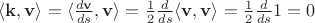 $\langle \mathbf k, \mathbf v \rangle =\langle\frac{d\mathbf v}{ds}, \mathbf v \rangle= \frac 1 2 \frac{d}{ds}\langle\mathbf v, \mathbf v \rangle = \frac 1 2 \frac{d}{ds}1 = 0$