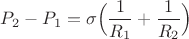 $P_2 - P_1 = \sigma\Big(\dfrac{1}{R_1} + \dfrac{1}{R_2}\Big)$