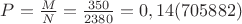$\[P = \frac{M}{N} = \frac{{350}}{{2380}} = 0,14(705882)\]$