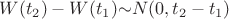 $W(t_2)-W(t_1) \mathtt{\sim} N(0,t_2-t_1)$