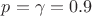 $p=\gamma = 0.9$