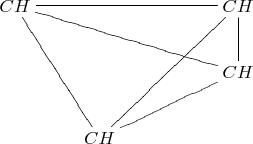 $\xymatrix{CH\ar@{-}[rdd]\ar@{-}[rrr]\ar@{-}[rrrd]&&&CH\ar@{-}[d]\ar@{-}[dlld]\\&&&CH\ar@{-}[dl]\\&CH\ar@{-}[rru]}$
