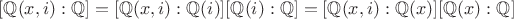 $[\mathbb Q(x,i):\mathbb Q]=[\mathbb Q(x,i) : \mathbb Q(i)][\mathbb Q(i) : \mathbb Q]=[\mathbb Q(x,i):\mathbb Q(x)][\mathbb Q(x):\mathbb Q]$