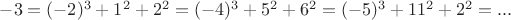 $-3=(-2)^3+1^2+2^2=(-4)^3+5^2+6^2=(-5)^3+11^2+2^2=...$
