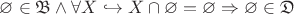 $\varnothing \in \mathfrak{B} \wedge \forall X \hookrightarrow X \cap \varnothing = \varnothing \Rightarrow \varnothing \in \mathfrak{D}$