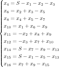 $$\begin{cases}
x_4 = S - x_1 - x_2 - x_3 \\
x_6 = x_2 + x_3 - x_5\\
x_8 = x_4 + x_5 - x_7\\
x_{10} = x_1 + x_6 - x_9\\
x_{11} = -x_2 + x_8 + x_9\\
x_{12} = -x_3 + x_7 + x_{10}\\
x_{14} = S - x_7 - x_9 - x_{13}\\
x_{15} = S - x_1 - x_5 - x_{13}\\
x_{16} = x_7 + x_9 - x_{15}
\end{cases}$$