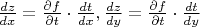 $\frac{dz}{dx}=\frac{\partial f}{\partial t}\cdot\frac{dt}{dx}, \frac{dz}{dy}=\frac{\partial f}{\partial t}\cdot\frac{dt}{dy}$
