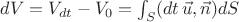 $dV = V_{dt}-V_{0}=\int_S (dt \, \vec u, \vec n) dS$