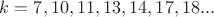 $k=7,10,11,13,14,17,18...$ $k=7,10,11,13,14,17,18...$