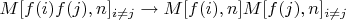 $M[f(i)f(j),n]_{i \not=  j} \to M[f(i),n]M[f(j),n]_{i \not=  j}$