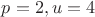 $p=2,u=4$