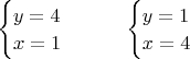 $
\begin{cases}
y=4\\
x=1
\end{cases}
\qquad
\begin{cases}
y=1\\
x=4
\end{cases}$