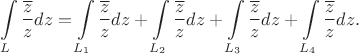 $$
\int\limits_{L}\frac{\overline{z}}{z}dz=\int\limits_{L_1}\frac{\overline{z}}{z}dz+\int\limits_{L_2}
\frac{\overline{z}}{z}dz+\int\limits_{L_3}\frac{\overline{z}}{z}dz+\int\limits_{L_4}\frac{\overline{z}}{z}dz.
$$