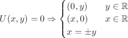 $U(x,y) = 0 \Rightarrow
 \begin{cases}
 (0,y) & y\in\mathbb R \\
 (x,0) & x\in\mathbb R \\
 x = \pm y\end{cases}$